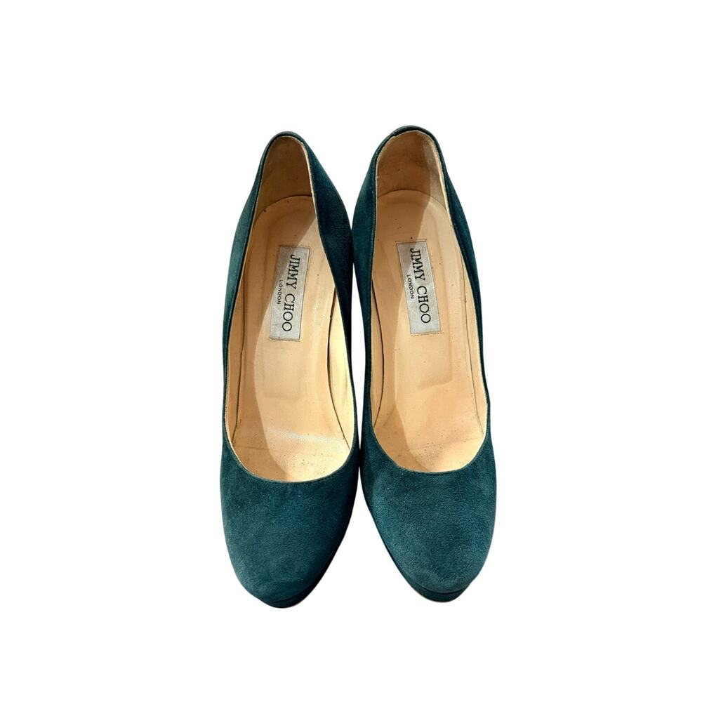 Jimmy Choo 38 Forest Green Cosmic 120 Platform Suede Pumps Stiletto Heels 8 - Picture 5 of 8